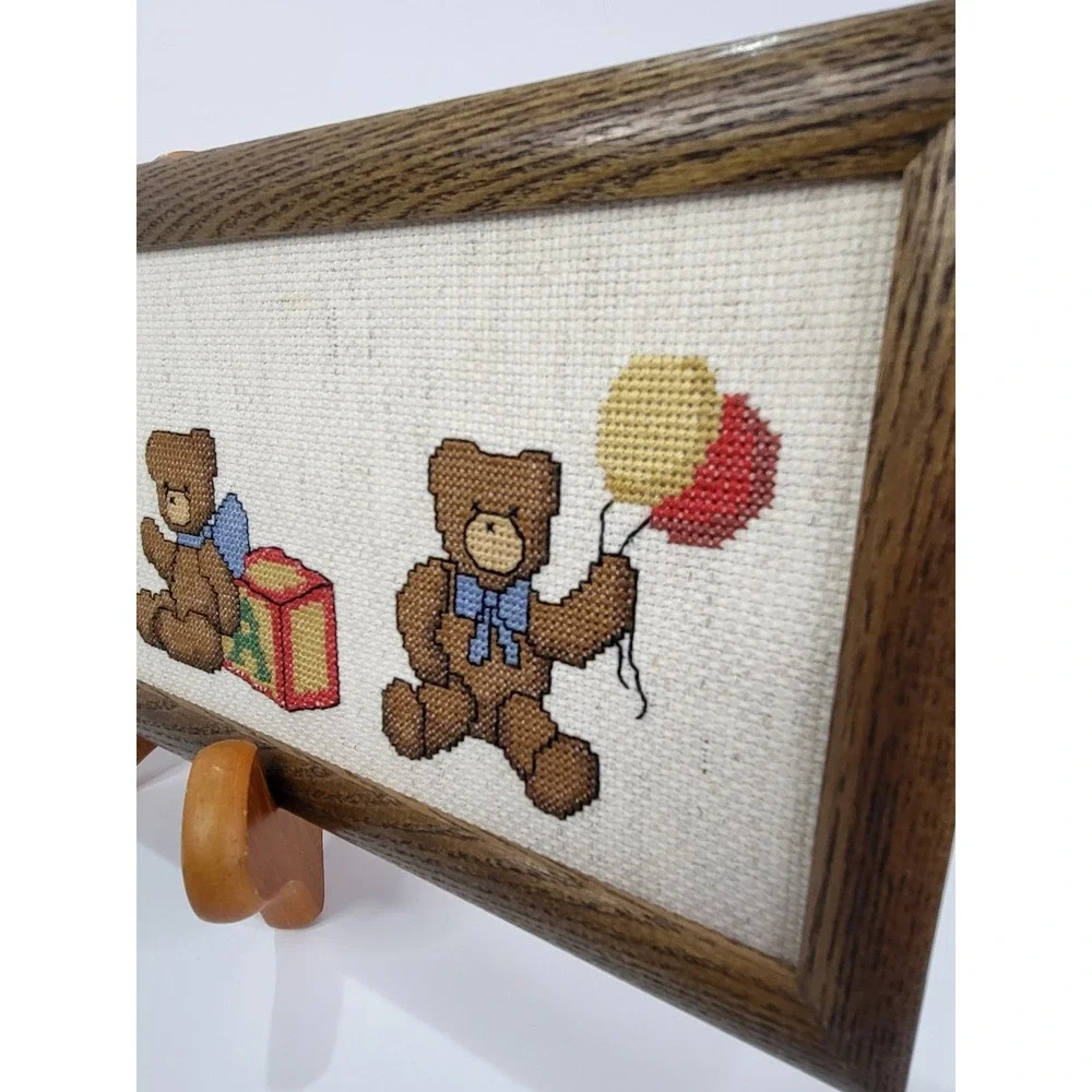 Vintage Teddy Bear Cross Stitch Framed Wall Art Nursery Decor Handmade 16x6